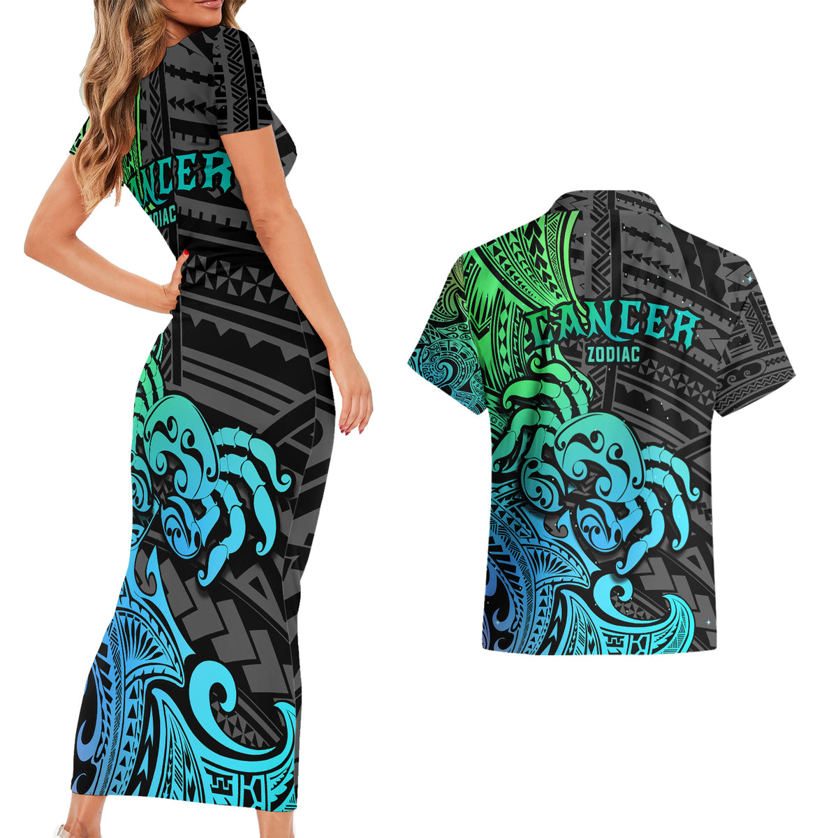Zodiac Cancer Couples Matching Short Sleeve Bodycon Dress and Hawaiian Shirt Polynesian in Gradient Blue - Wonder Print Shop