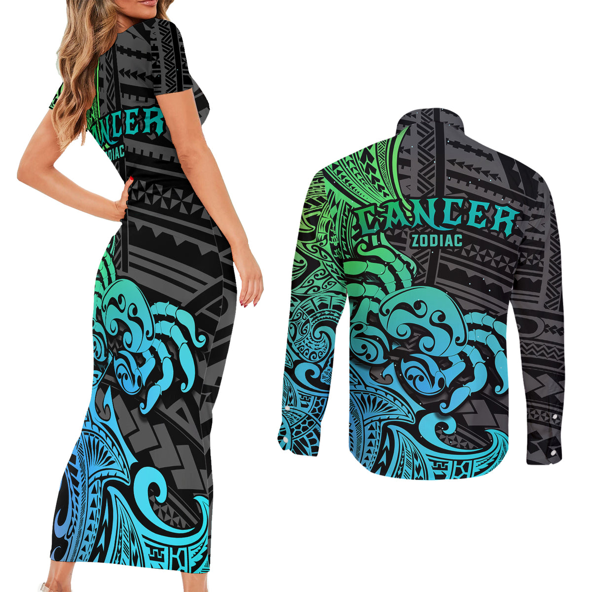 Zodiac Cancer Couples Matching Short Sleeve Bodycon Dress and Long Sleeve Button Shirts Polynesian in Gradient Blue - Wonder Print Shop