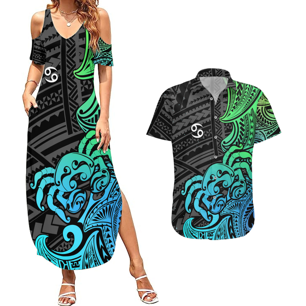 Zodiac Cancer Couples Matching Summer Maxi Dress and Hawaiian Shirt Polynesian in Gradient Blue - Wonder Print Shop
