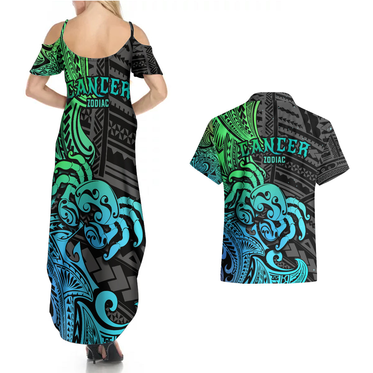 Zodiac Cancer Couples Matching Summer Maxi Dress and Hawaiian Shirt Polynesian in Gradient Blue - Wonder Print Shop