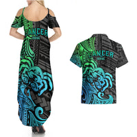 Zodiac Cancer Couples Matching Summer Maxi Dress and Hawaiian Shirt Polynesian in Gradient Blue - Wonder Print Shop