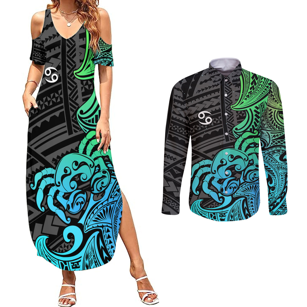 Zodiac Cancer Couples Matching Summer Maxi Dress and Long Sleeve Button Shirts Polynesian in Gradient Blue - Wonder Print Shop