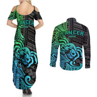 Zodiac Cancer Couples Matching Summer Maxi Dress and Long Sleeve Button Shirts Polynesian in Gradient Blue - Wonder Print Shop