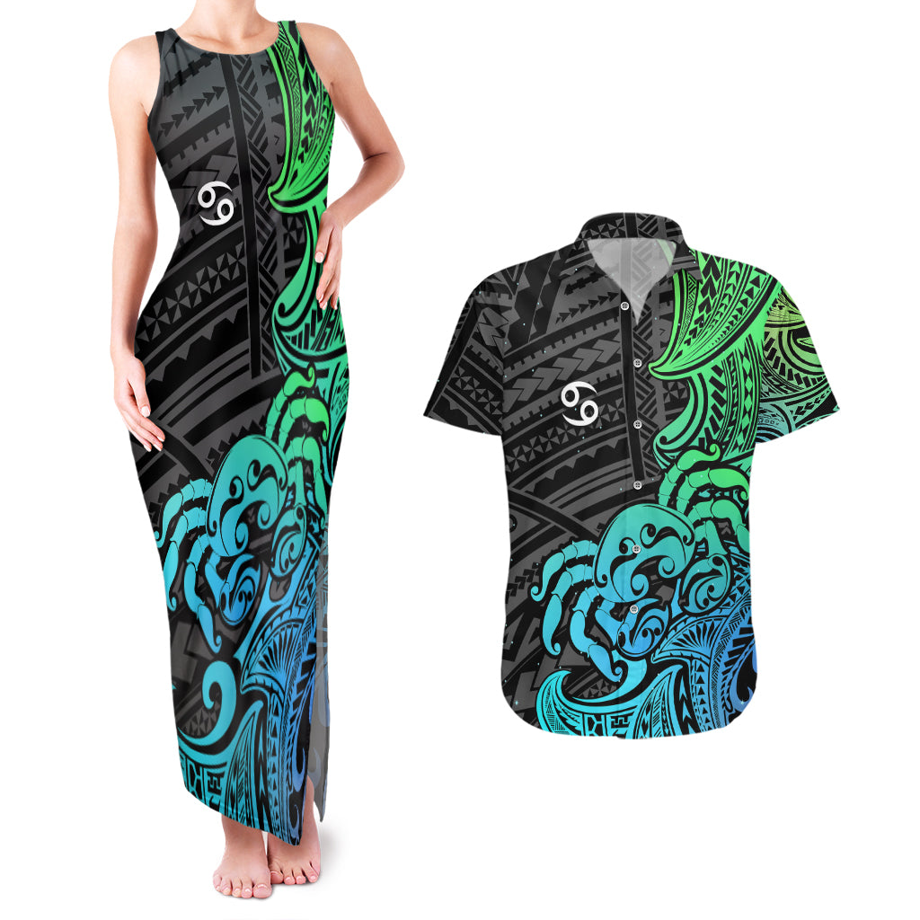 Zodiac Cancer Couples Matching Tank Maxi Dress and Hawaiian Shirt Polynesian in Gradient Blue - Wonder Print Shop