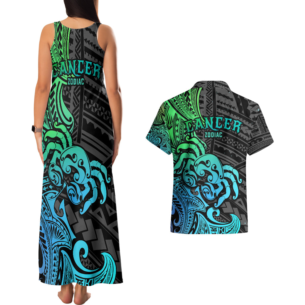 Zodiac Cancer Couples Matching Tank Maxi Dress and Hawaiian Shirt Polynesian in Gradient Blue - Wonder Print Shop