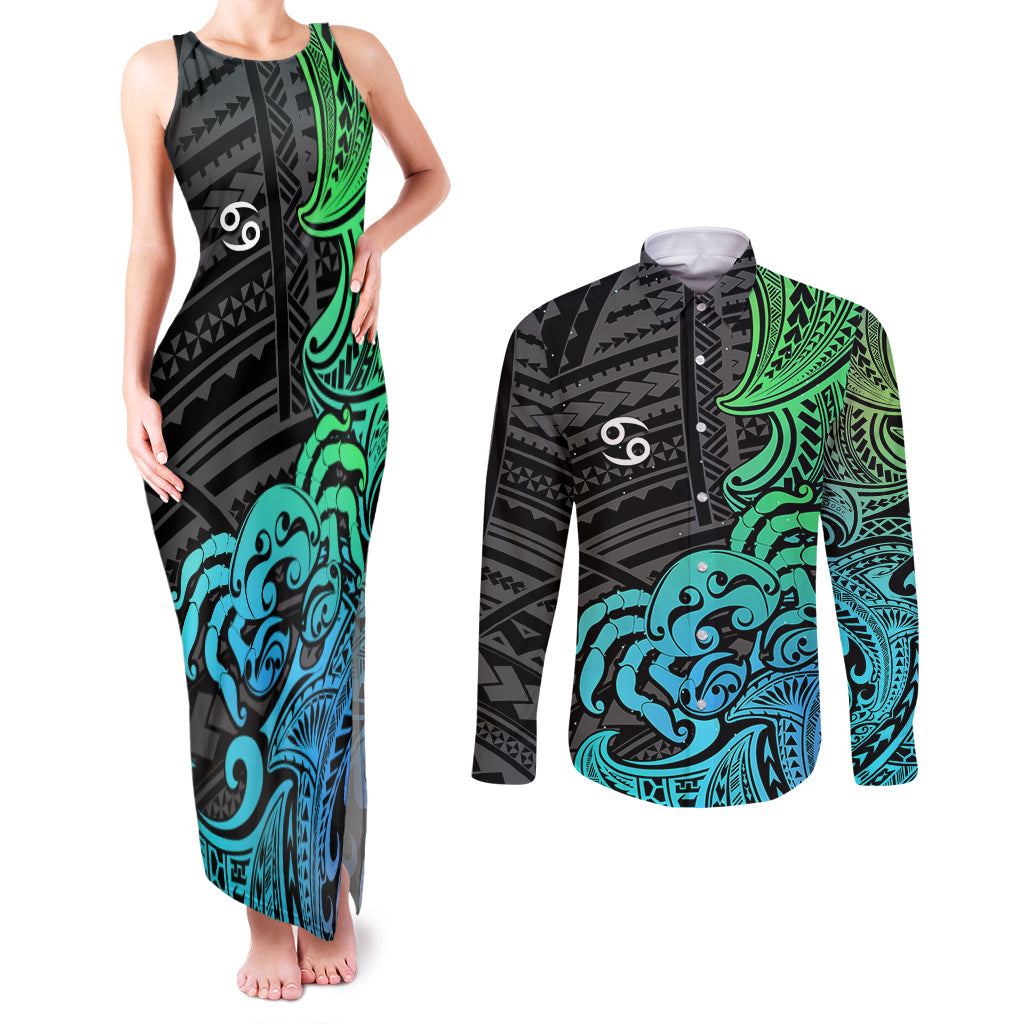 Zodiac Cancer Couples Matching Tank Maxi Dress and Long Sleeve Button Shirts Polynesian in Gradient Blue - Wonder Print Shop