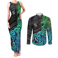 Zodiac Cancer Couples Matching Tank Maxi Dress and Long Sleeve Button Shirts Polynesian in Gradient Blue - Wonder Print Shop