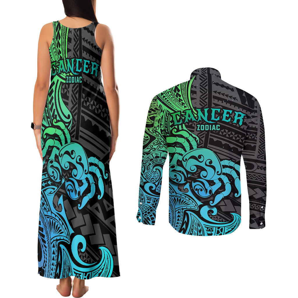 Zodiac Cancer Couples Matching Tank Maxi Dress and Long Sleeve Button Shirts Polynesian in Gradient Blue - Wonder Print Shop