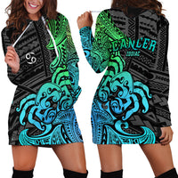 Zodiac Cancer Hoodie Dress Polynesian in Gradient Blue - Wonder Print Shop