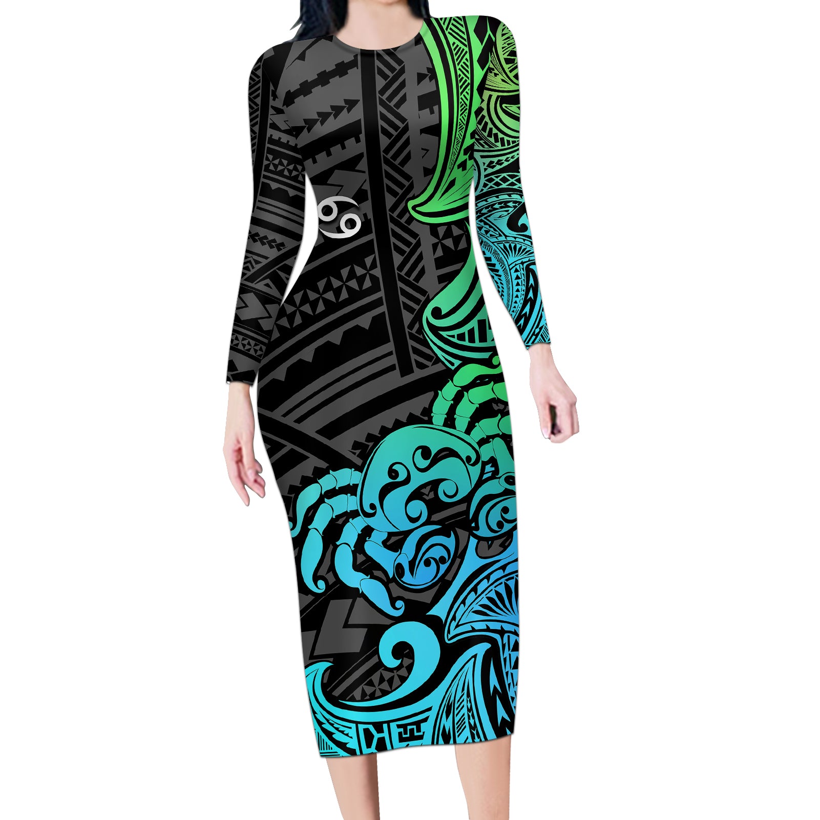 Zodiac Cancer Long Sleeve Bodycon Dress Polynesian in Gradient Blue - Wonder Print Shop