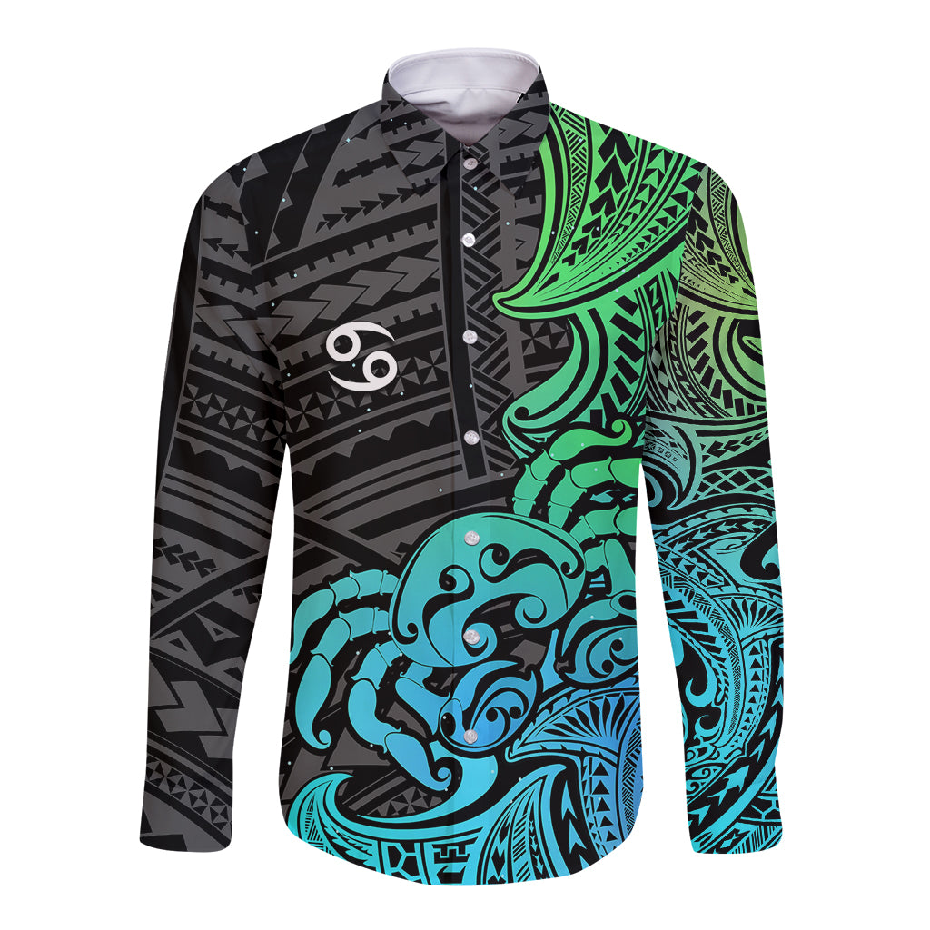 Zodiac Cancer Long Sleeve Button Shirt Polynesian in Gradient Blue - Wonder Print Shop