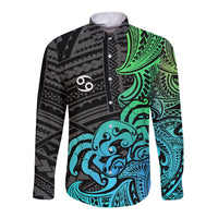 Zodiac Cancer Long Sleeve Button Shirt Polynesian in Gradient Blue - Wonder Print Shop
