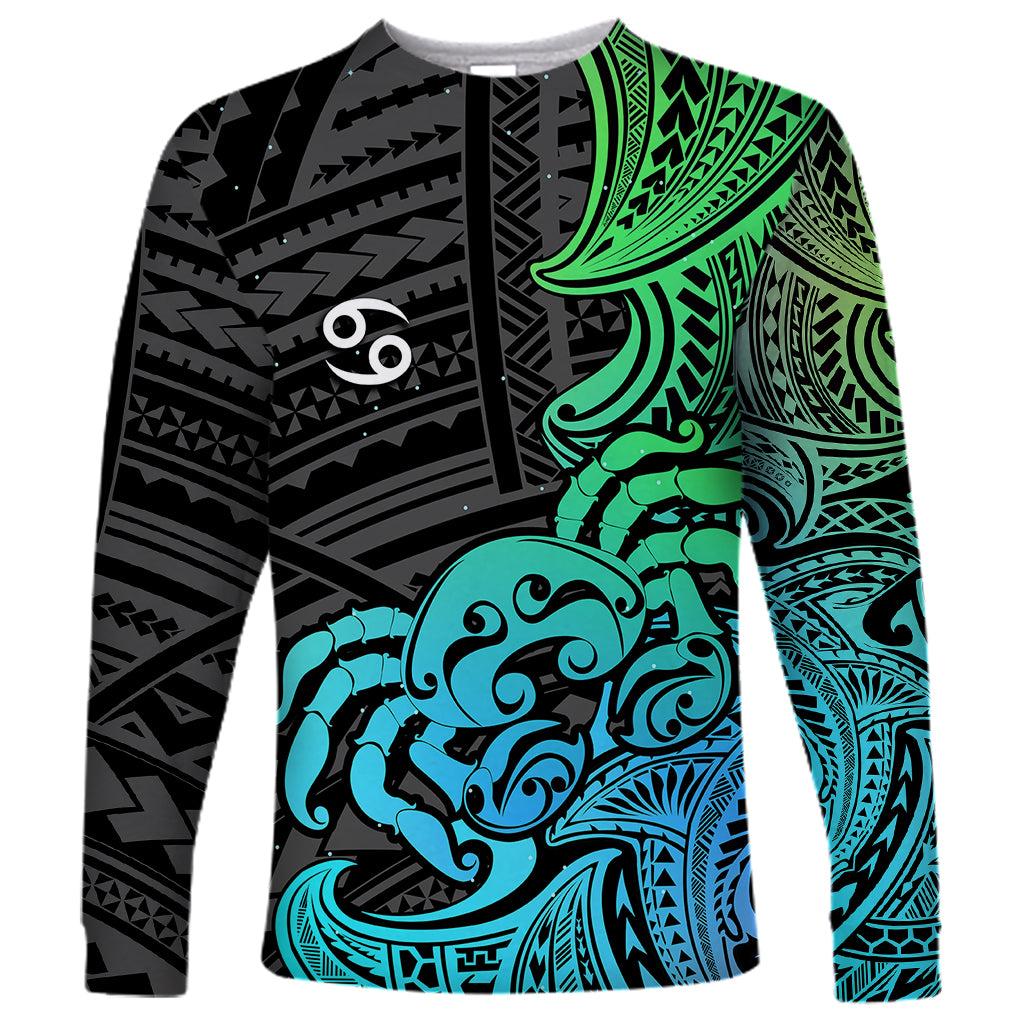 Zodiac Cancer Long Sleeve Shirt Polynesian in Gradient Blue - Wonder Print Shop