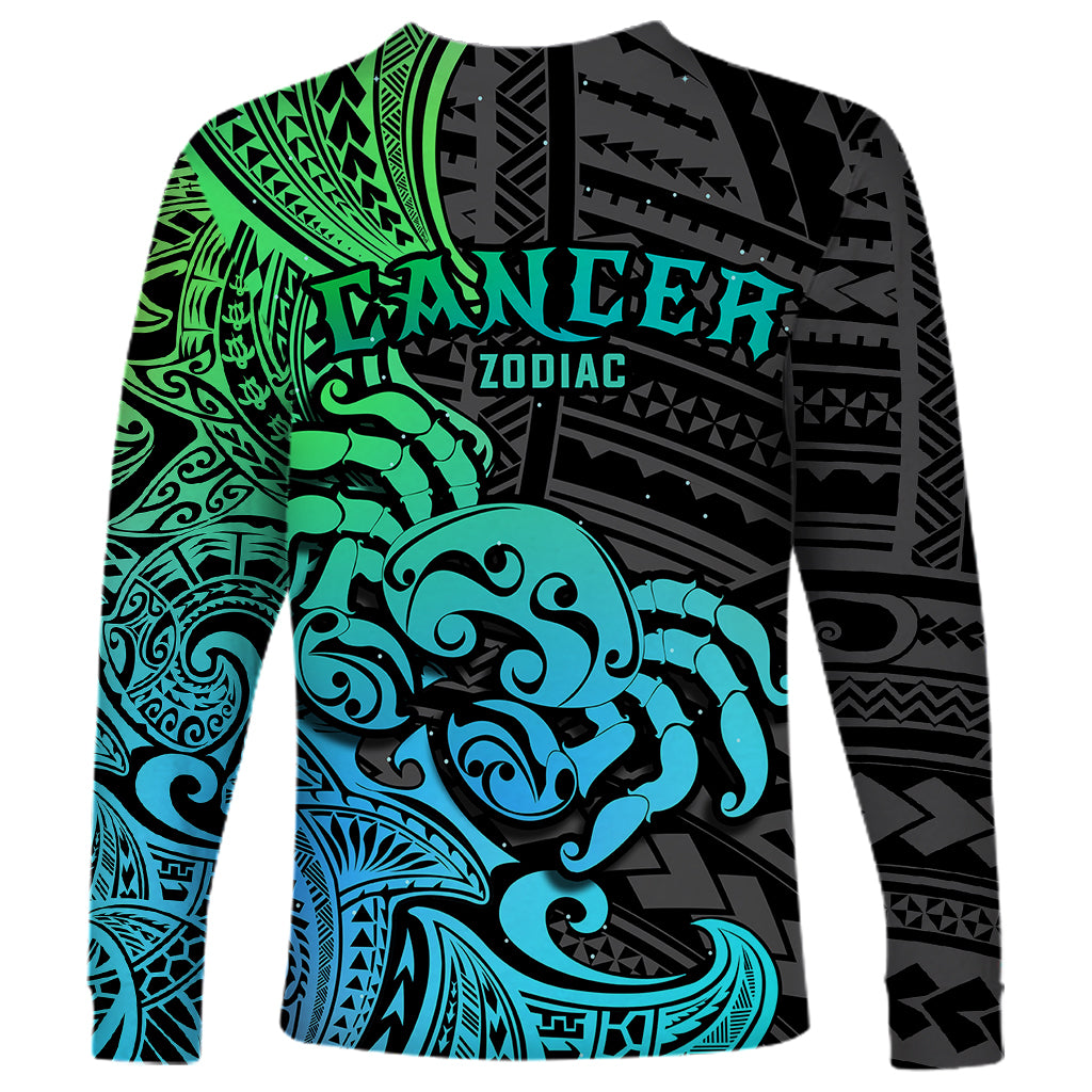 Zodiac Cancer Long Sleeve Shirt Polynesian in Gradient Blue - Wonder Print Shop