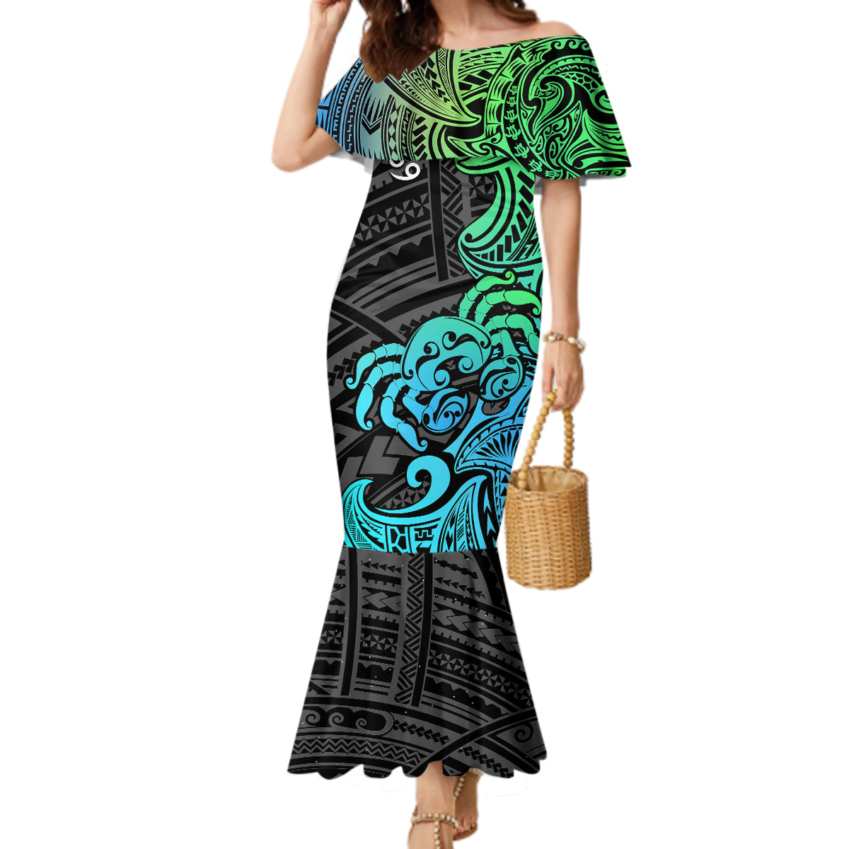 Zodiac Cancer Mermaid Dress Polynesian in Gradient Blue - Wonder Print Shop