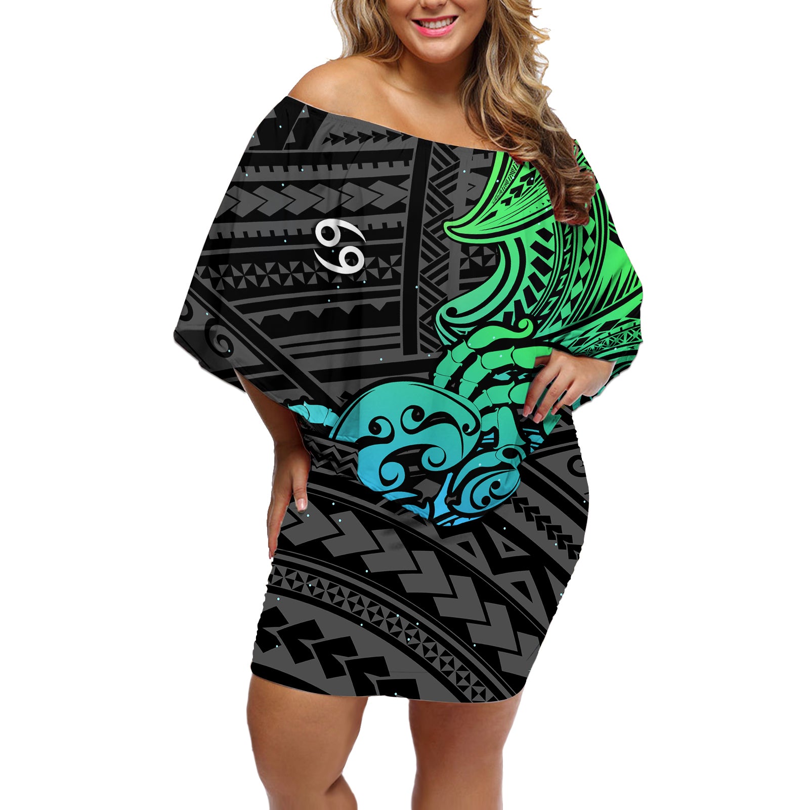 Zodiac Cancer Off Shoulder Short Dress Polynesian in Gradient Blue - Wonder Print Shop