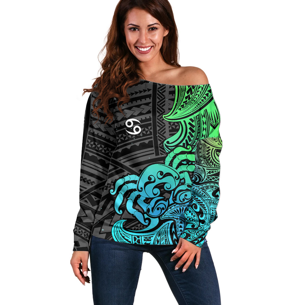 Zodiac Cancer Off Shoulder Sweater Polynesian in Gradient Blue - Wonder Print Shop