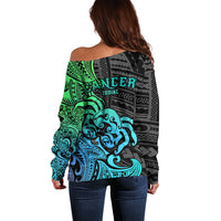 Zodiac Cancer Off Shoulder Sweater Polynesian in Gradient Blue - Wonder Print Shop
