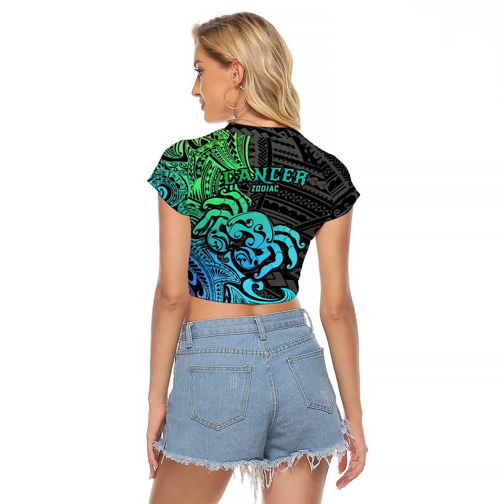 Zodiac Cancer Raglan Cropped T Shirt Polynesian in Gradient Blue - Wonder Print Shop