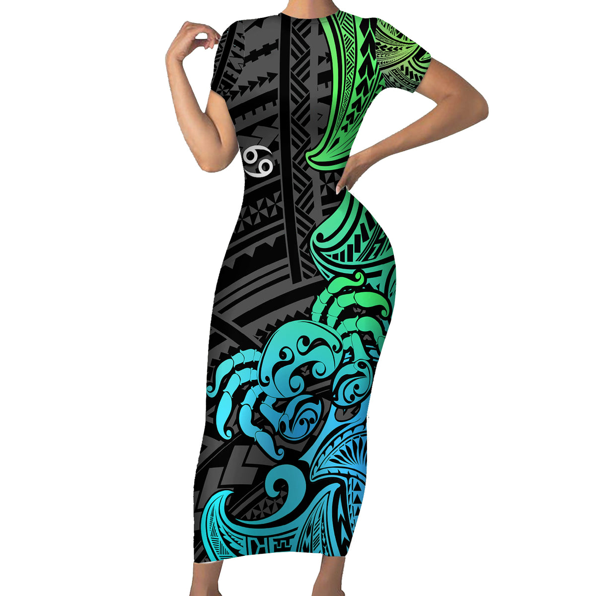 Zodiac Cancer Short Sleeve Bodycon Dress Polynesian in Gradient Blue - Wonder Print Shop