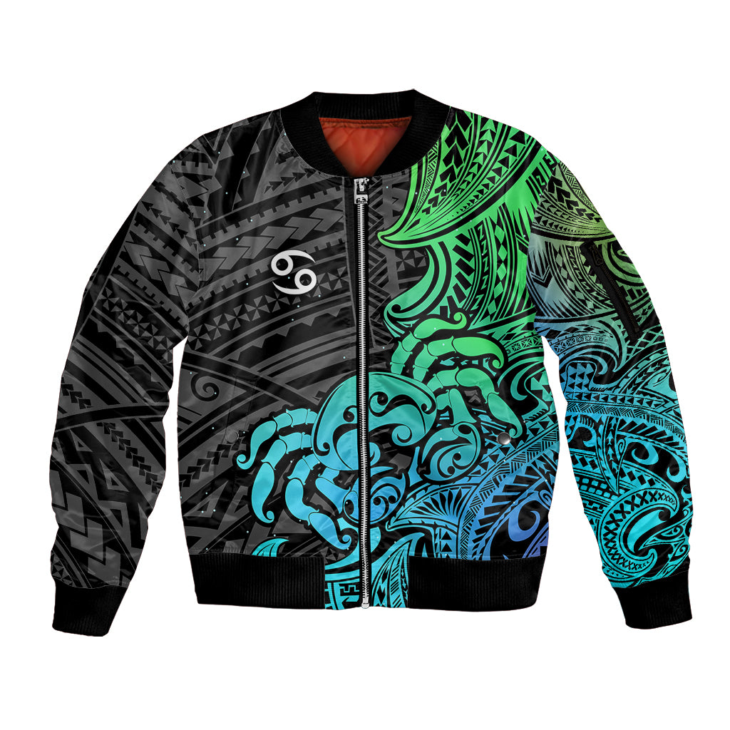 Zodiac Cancer Sleeve Zip Bomber Jacket Polynesian in Gradient Blue - Wonder Print Shop