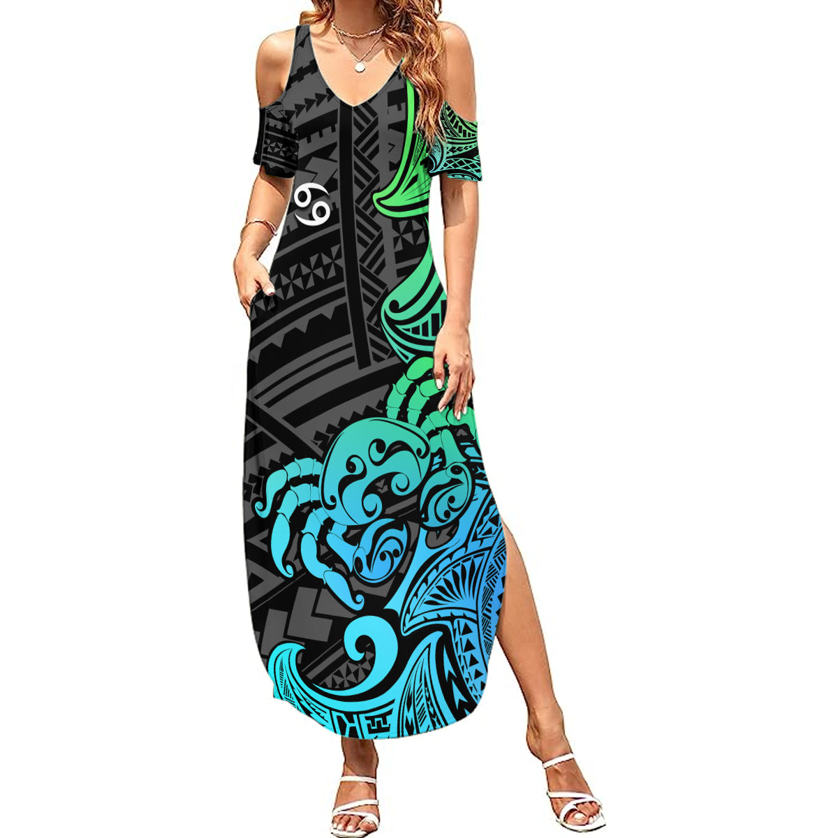 Zodiac Cancer Summer Maxi Dress Polynesian in Gradient Blue - Wonder Print Shop