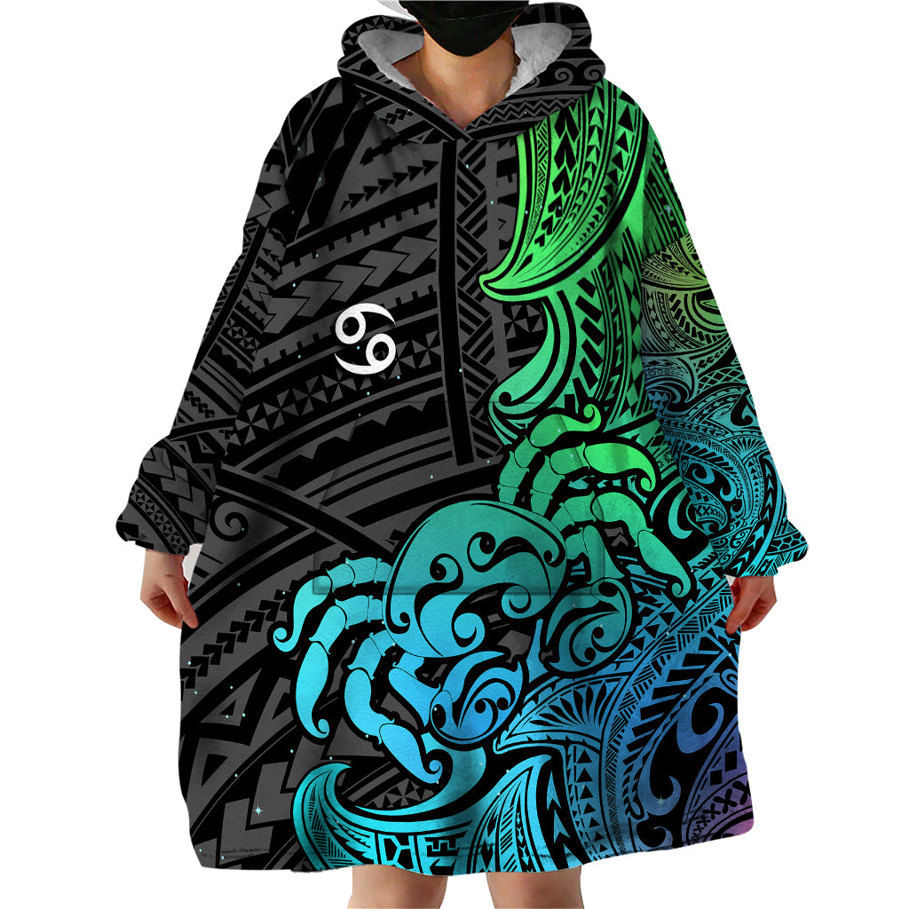 Zodiac Cancer Wearable Blanket Hoodie Polynesian in Gradient Blue - Wonder Print Shop
