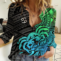 Zodiac Cancer Women Casual Shirt Polynesian in Gradient Blue - Wonder Print Shop