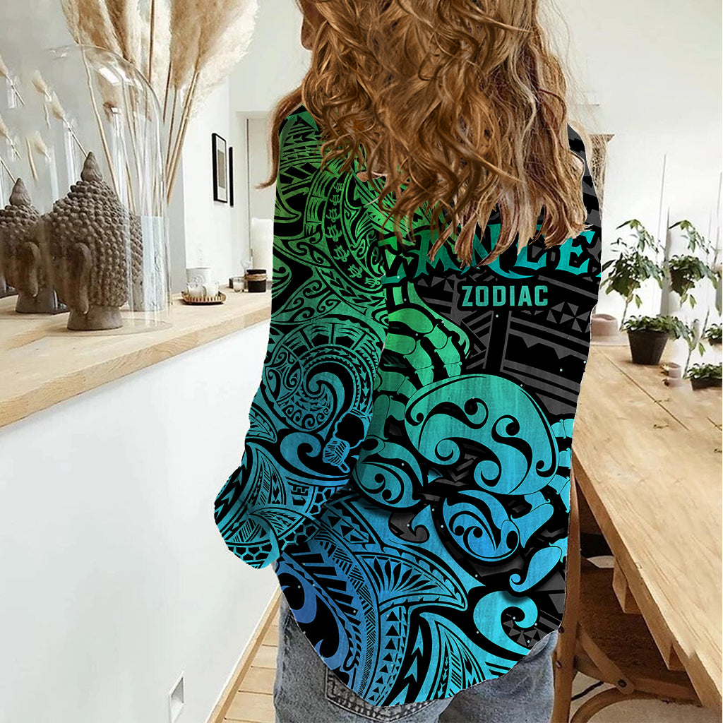 Zodiac Cancer Women Casual Shirt Polynesian in Gradient Blue - Wonder Print Shop