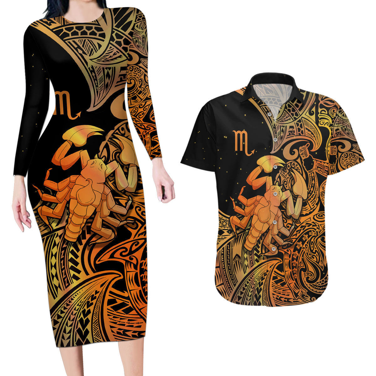 Zodiac Scorpio Couples Matching Long Sleeve Bodycon Dress and Hawaiian Shirt Polynesian in Orange - Wonder Print Shop