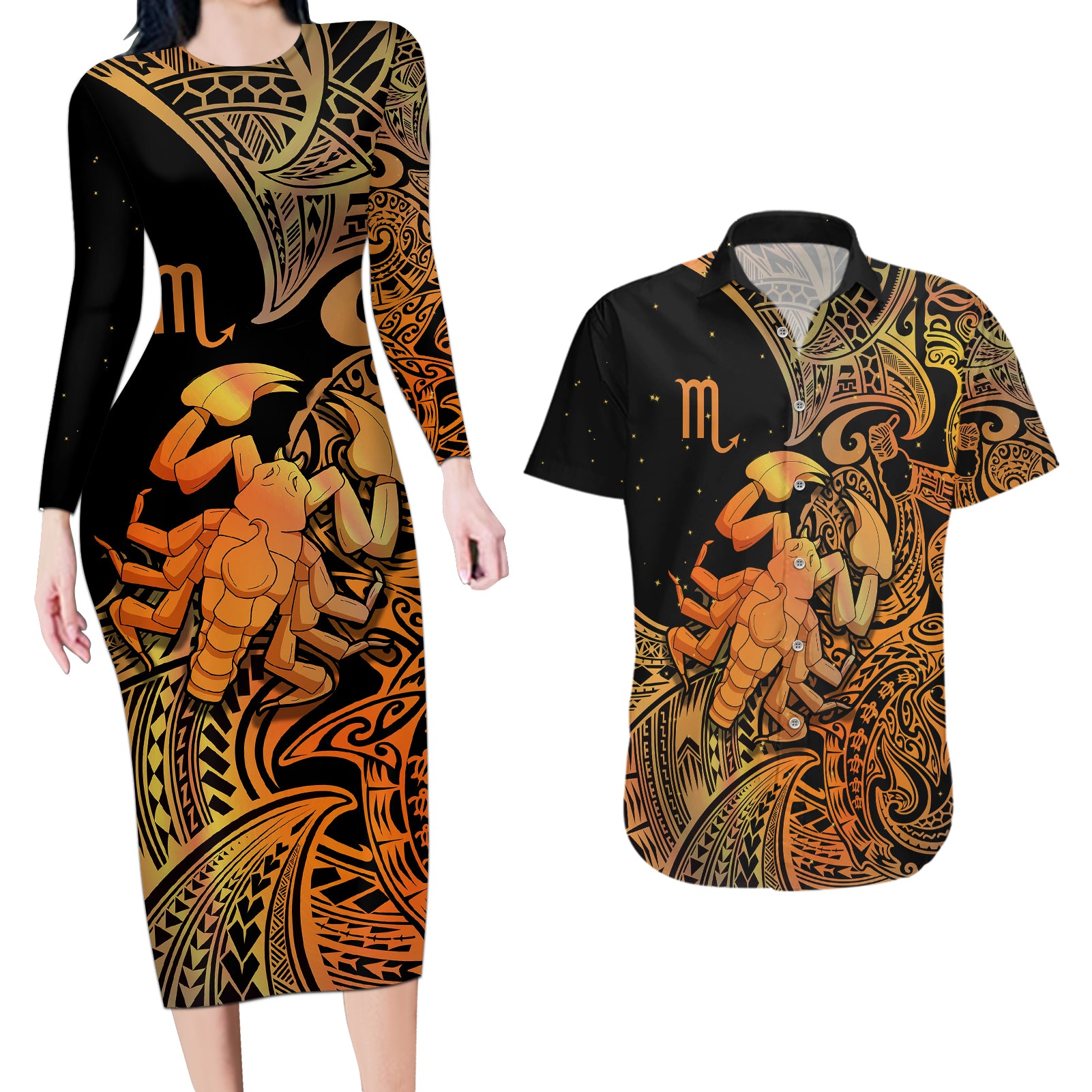 Zodiac Scorpio Couples Matching Long Sleeve Bodycon Dress and Hawaiian Shirt Polynesian in Orange - Wonder Print Shop