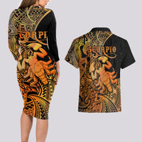 Zodiac Scorpio Couples Matching Long Sleeve Bodycon Dress and Hawaiian Shirt Polynesian in Orange - Wonder Print Shop
