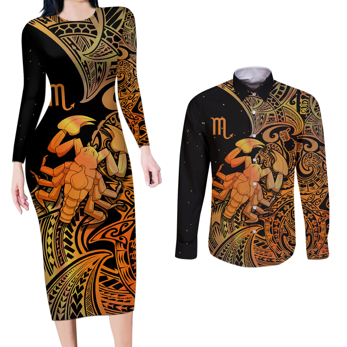 Zodiac Scorpio Couples Matching Long Sleeve Bodycon Dress and Long Sleeve Button Shirts Polynesian in Orange - Wonder Print Shop