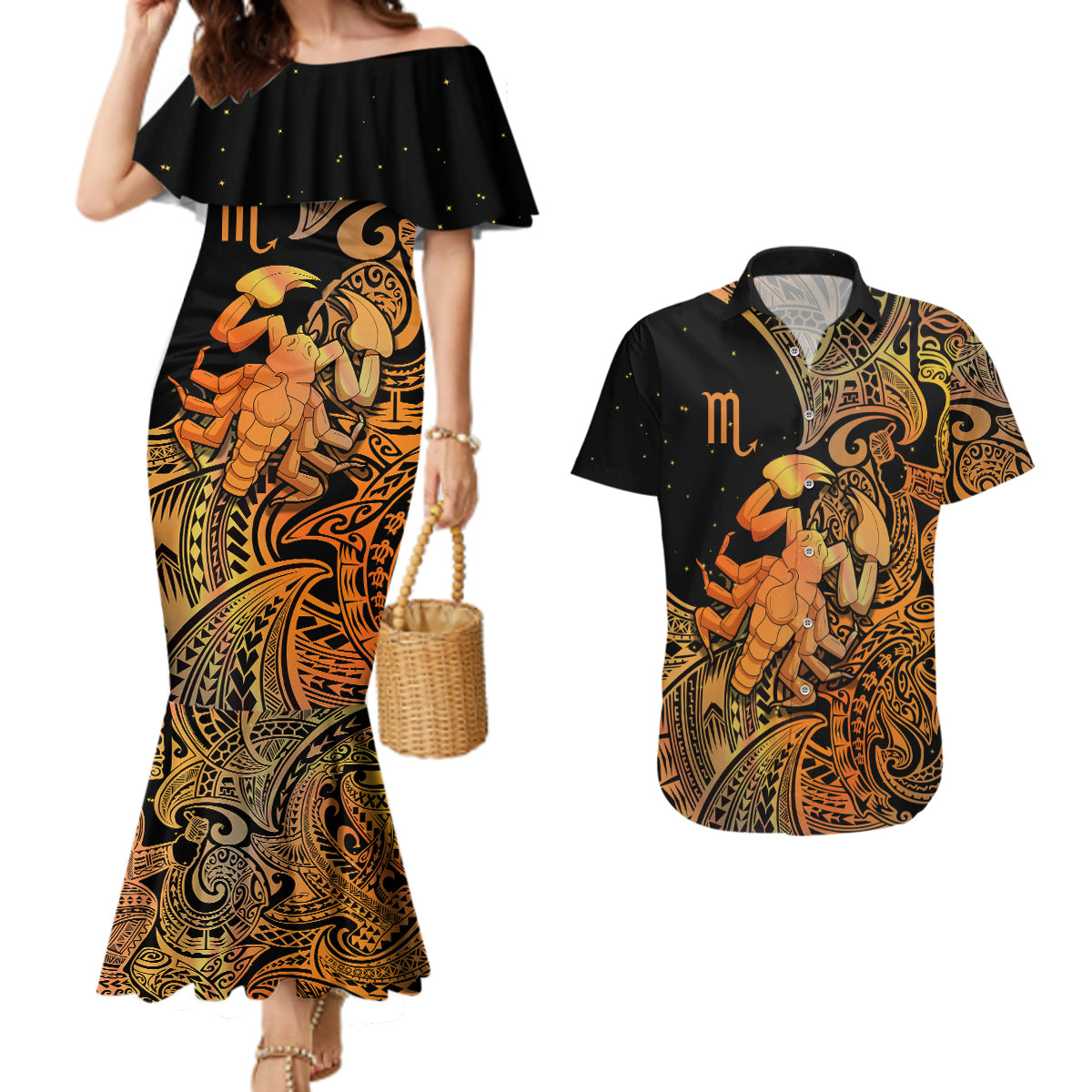 Zodiac Scorpio Couples Matching Mermaid Dress and Hawaiian Shirt Polynesian in Orange - Wonder Print Shop