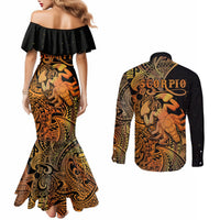 zodiac-scorpio-couples-matching-mermaid-dress-and-long-sleeve-button-shirts-polynesian-in-orange