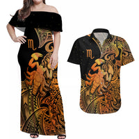 Zodiac Scorpio Couples Matching Off Shoulder Maxi Dress and Hawaiian Shirt Polynesian in Orange - Wonder Print Shop