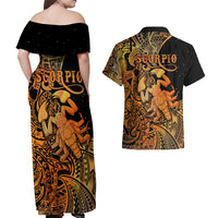 Zodiac Scorpio Couples Matching Off Shoulder Maxi Dress and Hawaiian Shirt Polynesian in Orange - Wonder Print Shop