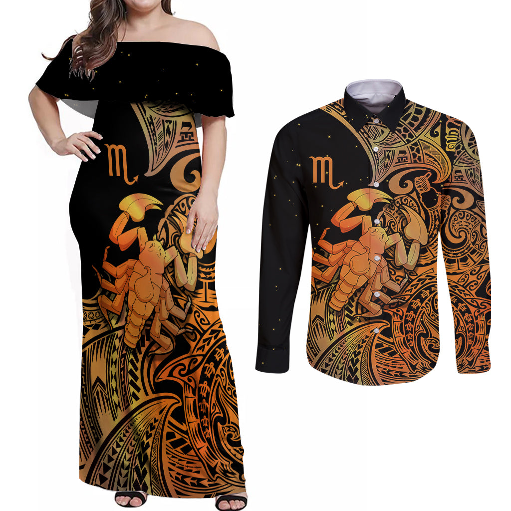 Zodiac Scorpio Couples Matching Off Shoulder Maxi Dress and Long Sleeve Button Shirts Polynesian in Orange - Wonder Print Shop