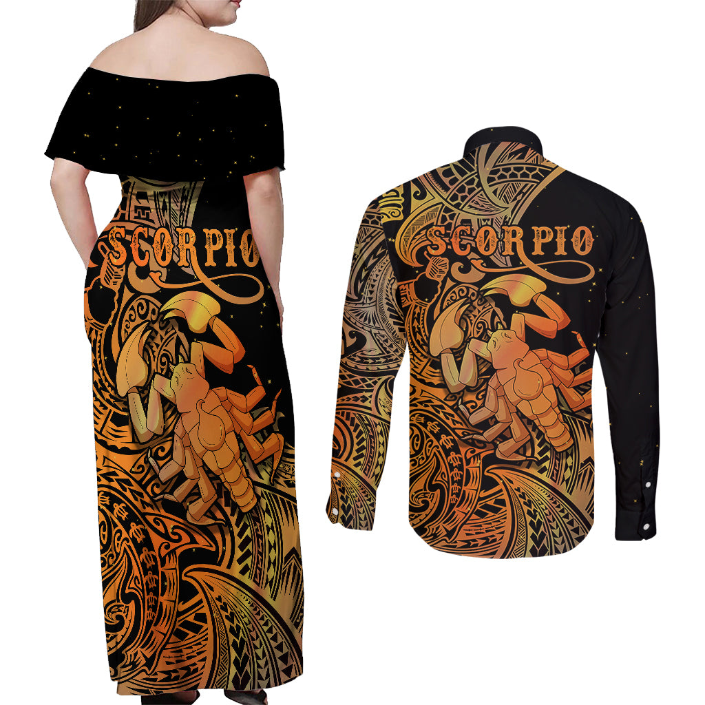 Zodiac Scorpio Couples Matching Off Shoulder Maxi Dress and Long Sleeve Button Shirts Polynesian in Orange - Wonder Print Shop