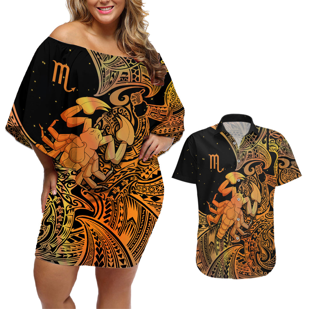 Zodiac Scorpio Couples Matching Off Shoulder Short Dress and Hawaiian Shirt Polynesian in Orange - Wonder Print Shop