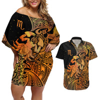 Zodiac Scorpio Couples Matching Off Shoulder Short Dress and Hawaiian Shirt Polynesian in Orange - Wonder Print Shop