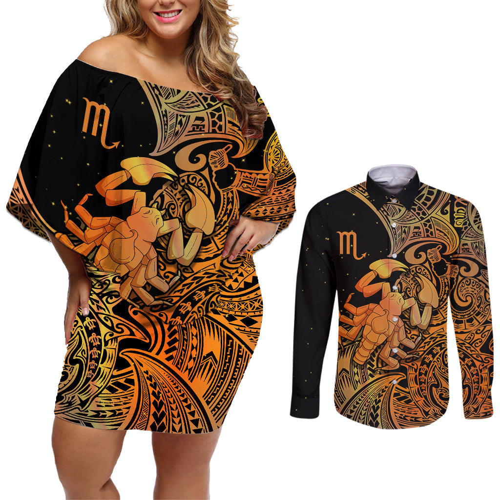 Zodiac Scorpio Couples Matching Off Shoulder Short Dress and Long Sleeve Button Shirts Polynesian in Orange - Wonder Print Shop