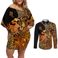 Zodiac Scorpio Couples Matching Off Shoulder Short Dress and Long Sleeve Button Shirts Polynesian in Orange - Wonder Print Shop