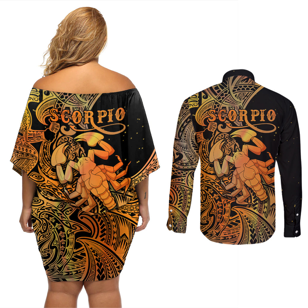 Zodiac Scorpio Couples Matching Off Shoulder Short Dress and Long Sleeve Button Shirts Polynesian in Orange - Wonder Print Shop