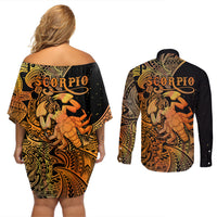 Zodiac Scorpio Couples Matching Off Shoulder Short Dress and Long Sleeve Button Shirts Polynesian in Orange - Wonder Print Shop