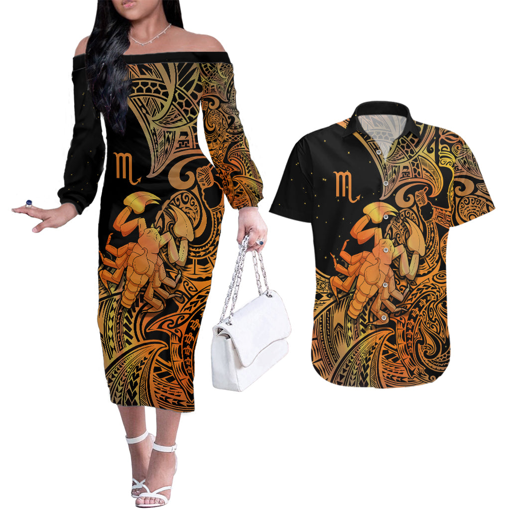 Zodiac Scorpio Couples Matching Off The Shoulder Long Sleeve Dress and Hawaiian Shirt Polynesian in Orange - Wonder Print Shop