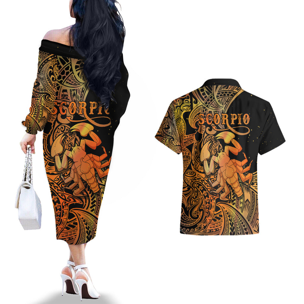 Zodiac Scorpio Couples Matching Off The Shoulder Long Sleeve Dress and Hawaiian Shirt Polynesian in Orange - Wonder Print Shop