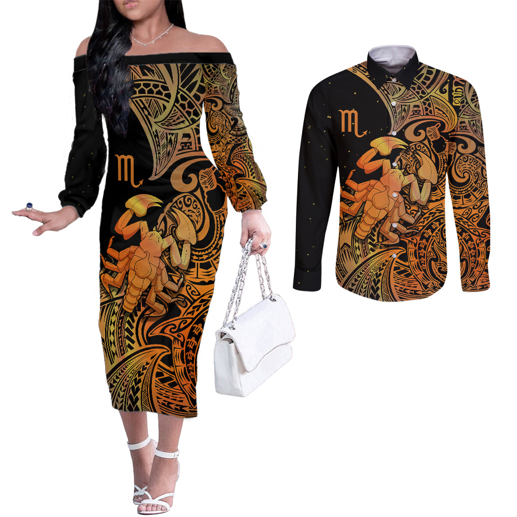 zodiac-scorpio-couples-matching-off-the-shoulder-long-sleeve-dress-and-long-sleeve-button-shirts-polynesian-in-orange