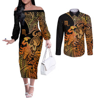 zodiac-scorpio-couples-matching-off-the-shoulder-long-sleeve-dress-and-long-sleeve-button-shirts-polynesian-in-orange