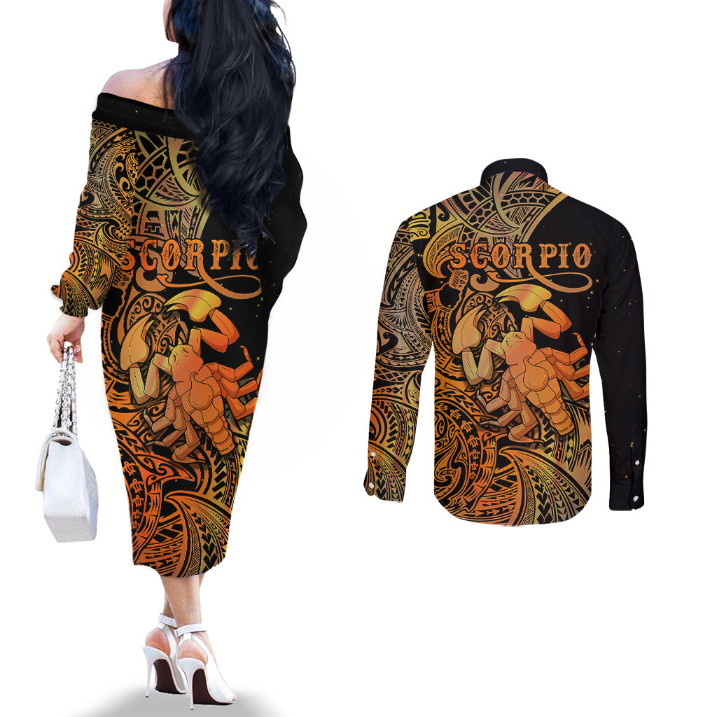 zodiac-scorpio-couples-matching-off-the-shoulder-long-sleeve-dress-and-long-sleeve-button-shirts-polynesian-in-orange